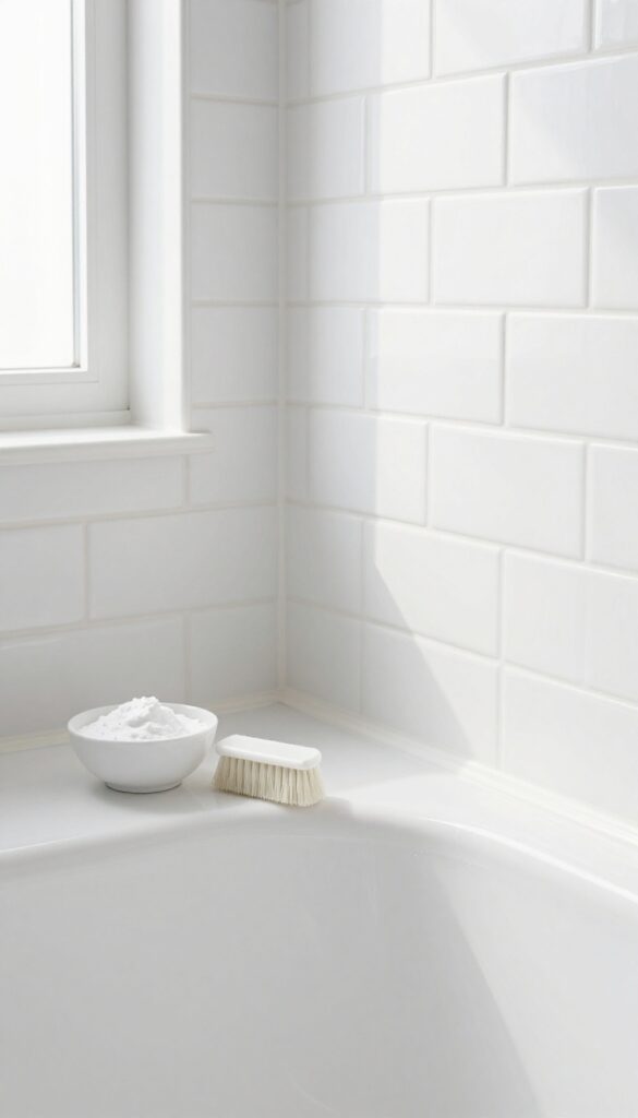 Clean bathroom shower corner with fresh white caulk and bright grout, baking soda paste and brush nearby, natural light.