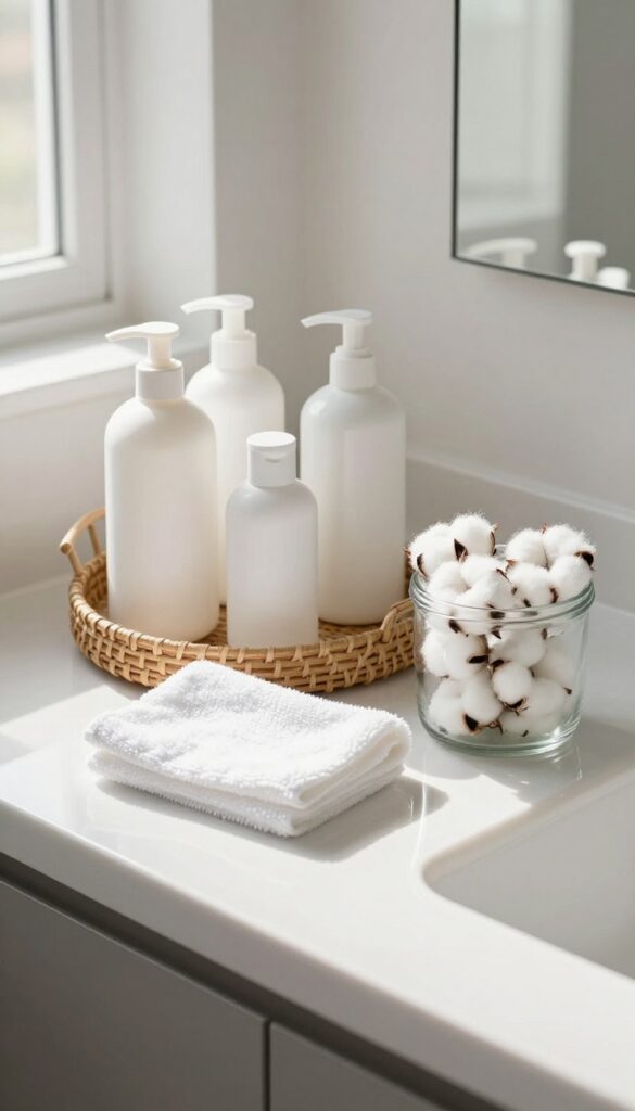 Organized bathroom countertop with neatly arranged essentials in a tray, fresh towels, and natural light.