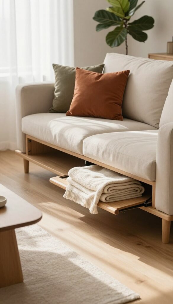 Sofa with storage bench at end in bright living room