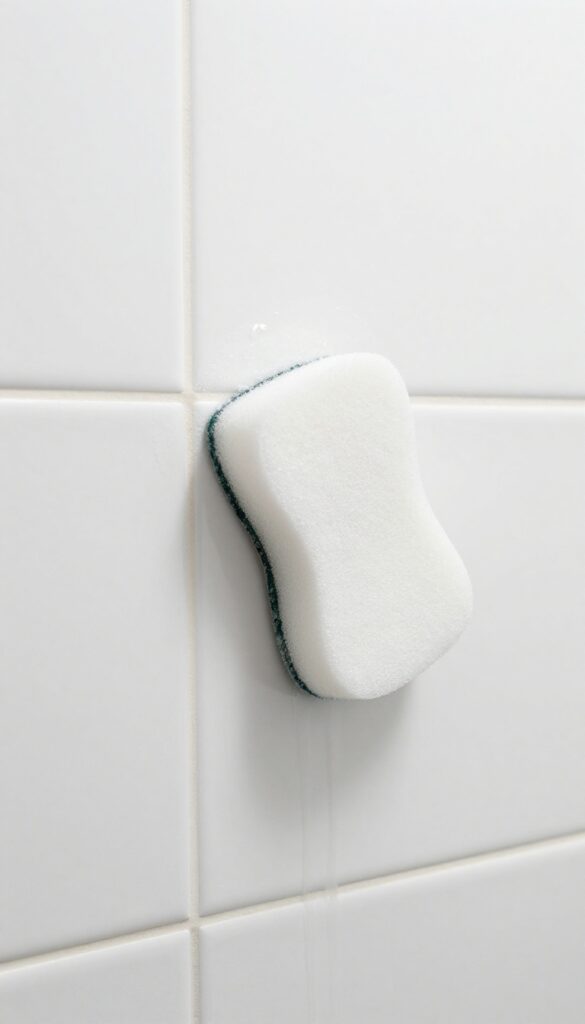 Hand using a damp magic eraser sponge to clean a light stain on white shower grout, bright natural light, clean bathroom tile background.