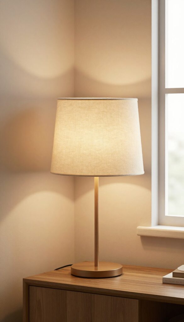 Cream linen lampshade on a lamp in a cozy living room corner, warm lighting