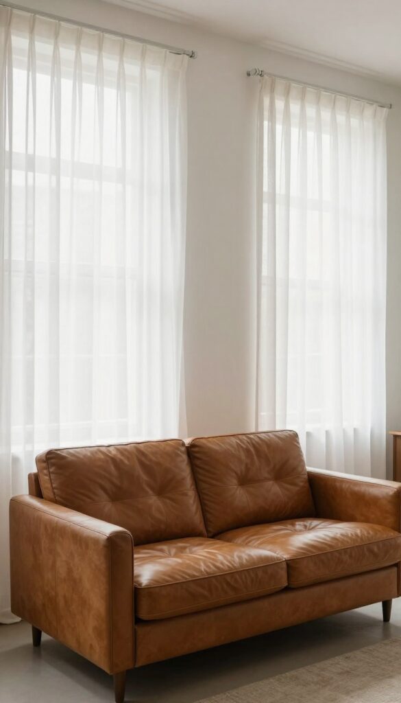 Small living room with cognac leather sofa and minimal sheer curtains, bright natural light, spacious feel.