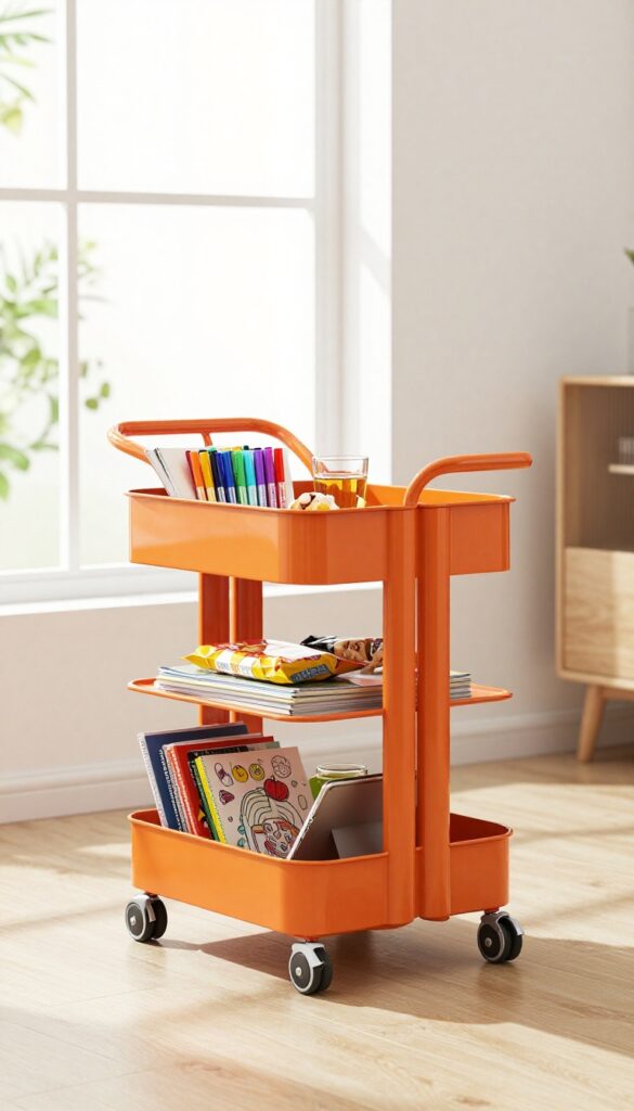 A three-tier rolling cart in bold orange holds art supplies, snacks, and books, placed in a bright living room.