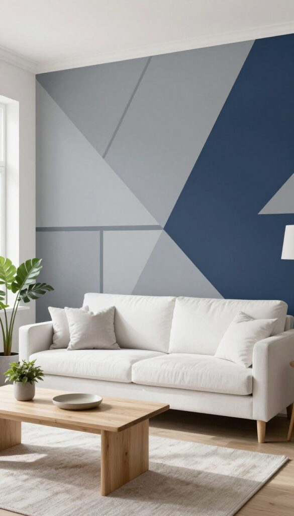 Living room with a geometric painted accent wall in gray and navy behind a white sofa.