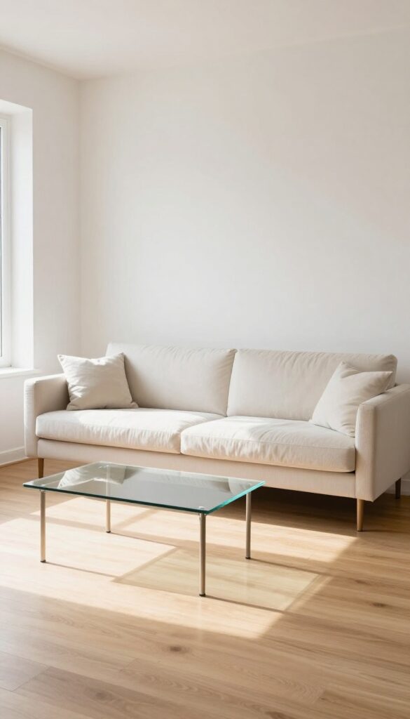 Narrow living room with a slim armless sofa in light cream, glass coffee table, and natural light.