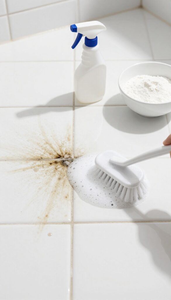 Cleaning bathroom grout with oxygen bleach solution, before and after comparison