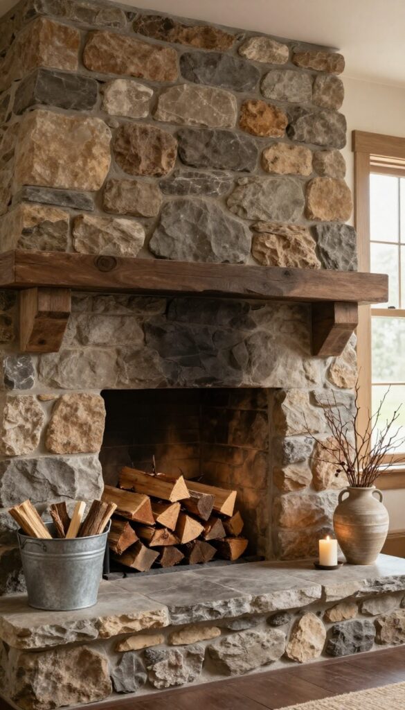 Rustic stone fireplace hearth with open storage cubbies for firewood and decor