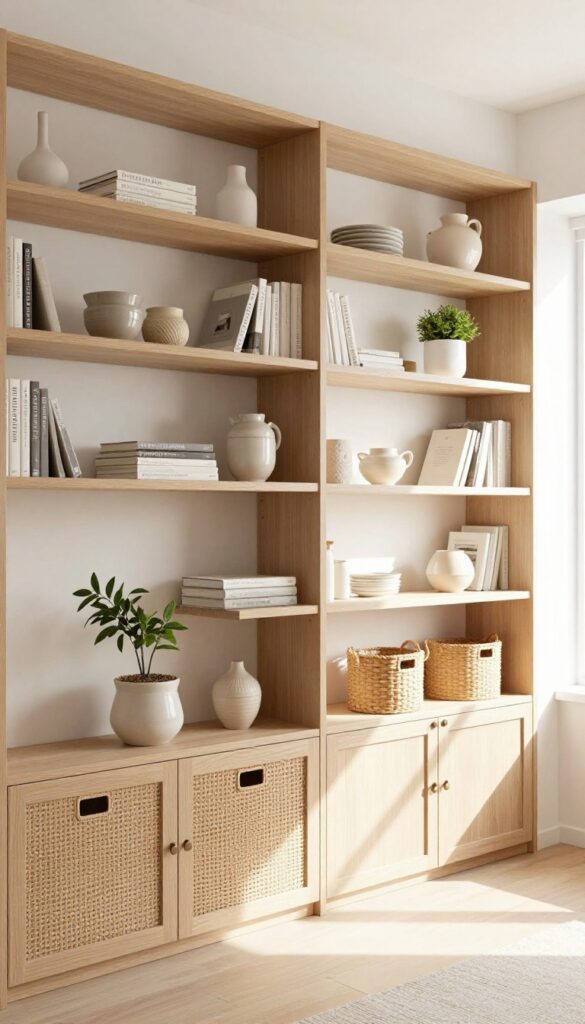 Living room shelving with open display and closed storage, bright natural light, neutral palette