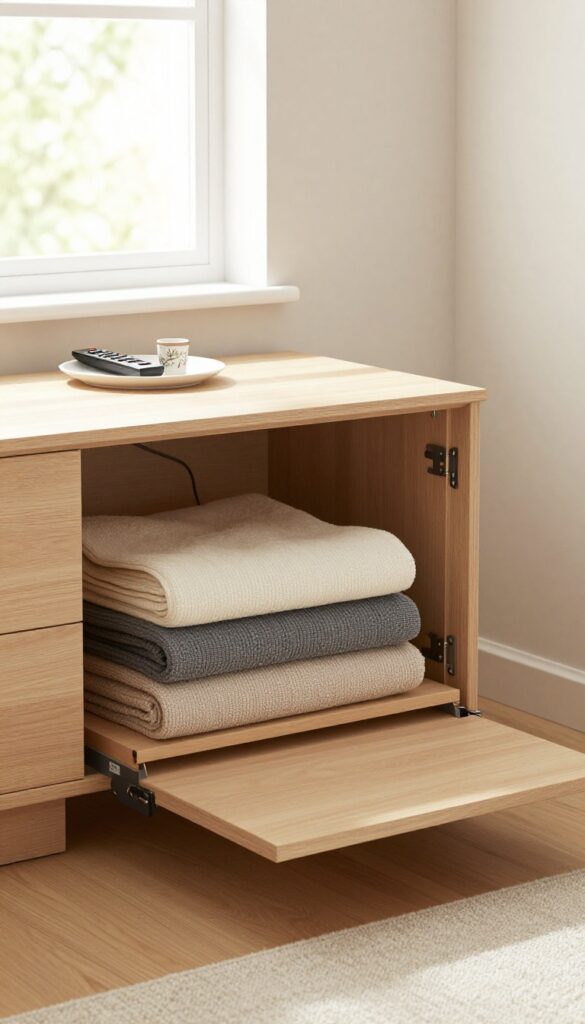 Mobile home living room with hidden storage ottoman and media console, clutter-free and bright