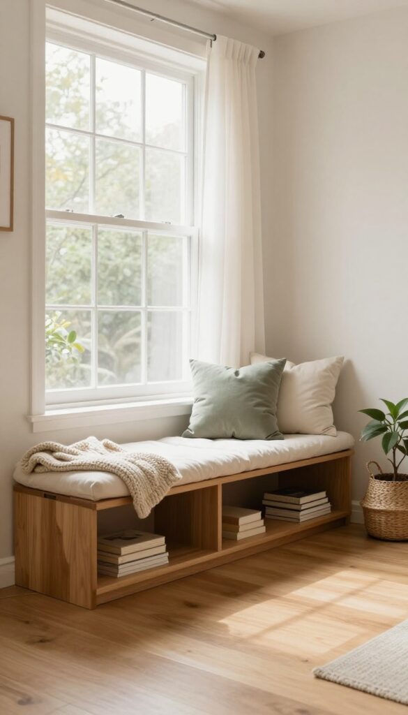 Cozy living room with a storage bench under a window, featuring a cushion and pillows, natural light, and a relaxed vibe.