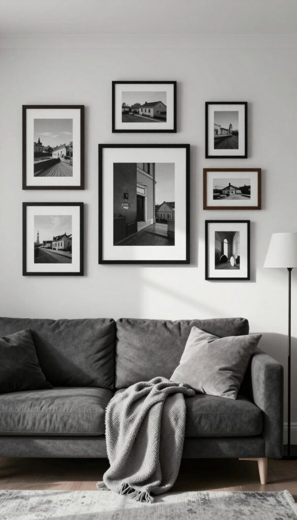 Gallery wall with black-and-white photos and vintage prints in black and dark wood frames above a gray sofa in a bright living room