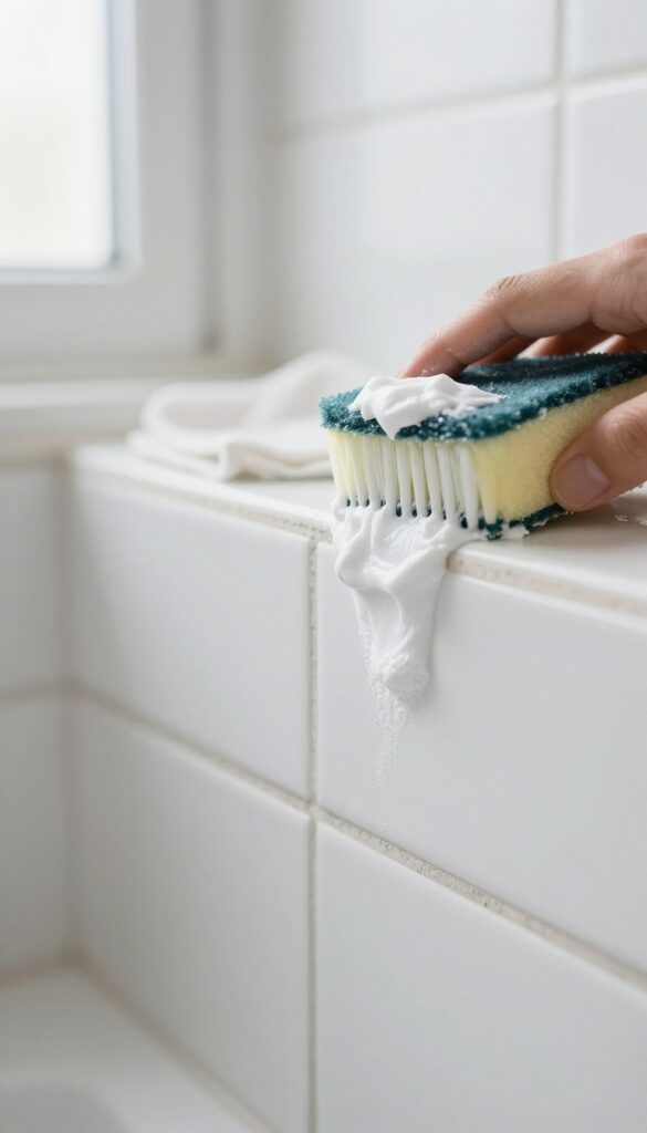 Baking soda paste applied to moldy shower grout with a toothbrush
