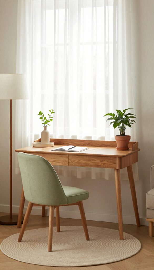Window-facing desk with sheer curtains, cozy chair, and small rug in a warm living room