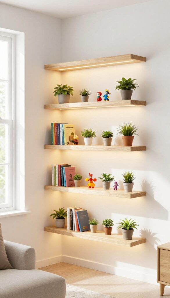 Staggered floating shelves with clip-on LED lights displaying colorful collectibles and plants in a bright living room.