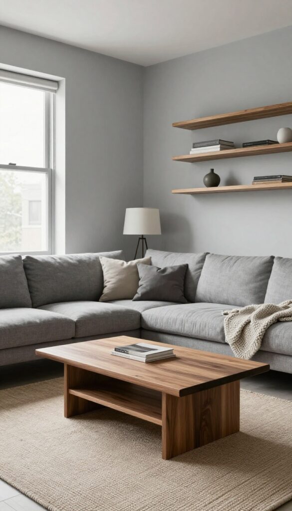 Modern slate gray living room with natural wood accents