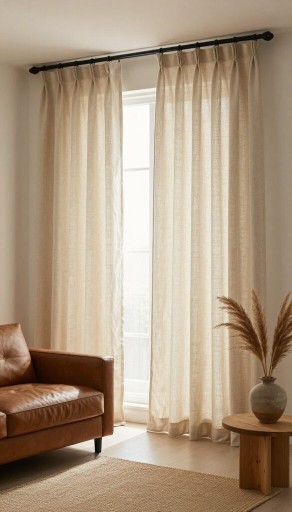 Soft beige linen curtains hanging in a bright living room with brown leather sofa and natural decor