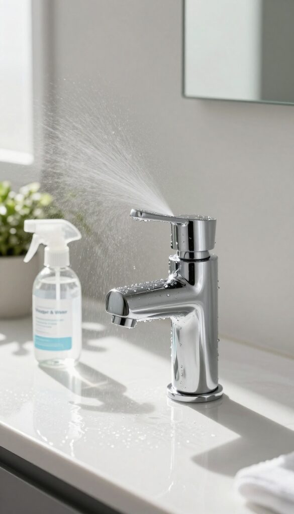 A person spraying a DIY vinegar and water solution on a chrome bathroom faucet to prevent hard water stains, with a spray bottle on the counter.