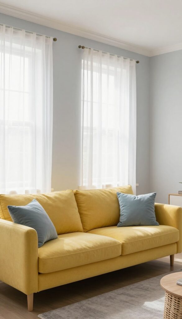 Yellow couch in a living room with pale gray walls, white curtains, and a gray rug, creating an airy and fresh look.