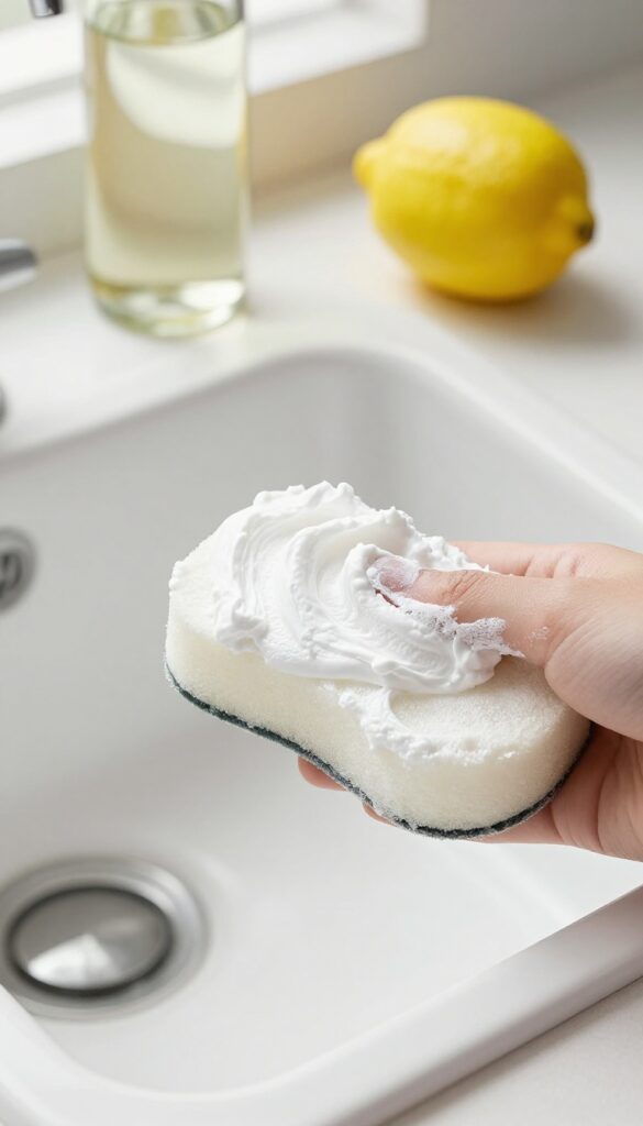 Baking soda scrub being applied to a kitchen sink with a sponge, with vinegar and lemon nearby.
