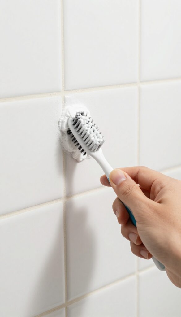Hand scrubbing shower grout with toothbrush and baking soda paste in tight corner