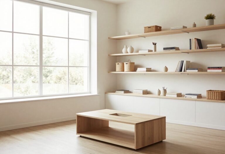 Stylish living room with storage ottoman, floating shelves, and organized coffee table