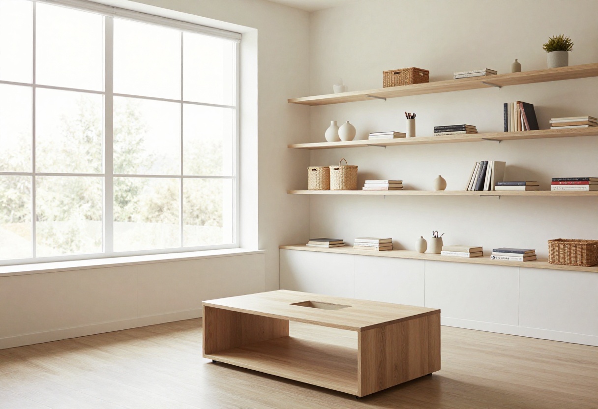 Stylish living room with storage ottoman, floating shelves, and organized coffee table