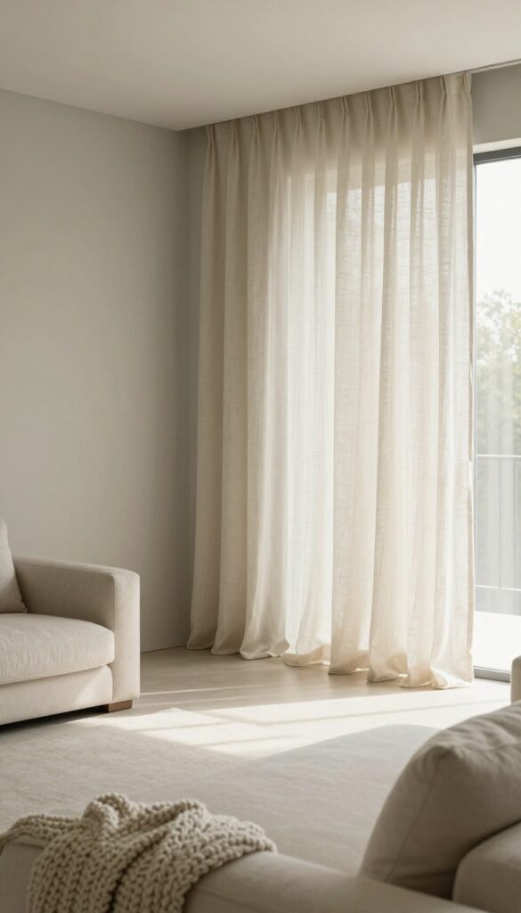 Modern living room with warm greige walls, cream linen curtains, and a cozy knit throw on a neutral sofa
