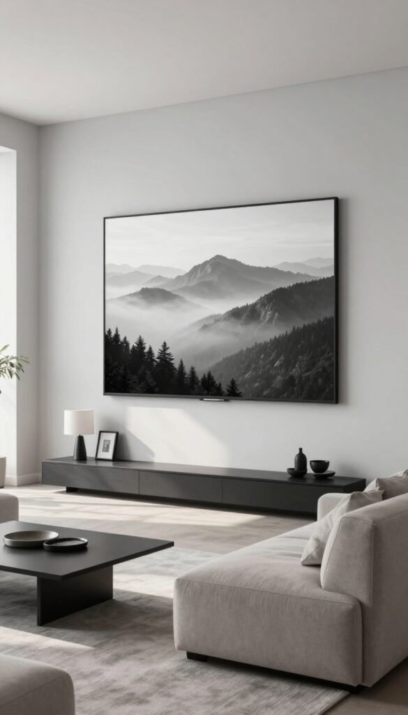 Living room with a large black-and-white landscape print as a statement piece above a sofa, minimalist decor, natural light