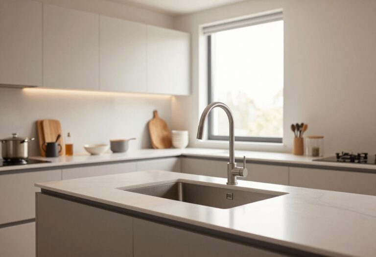 Clean kitchen after dinner reset with organized counters and empty sink