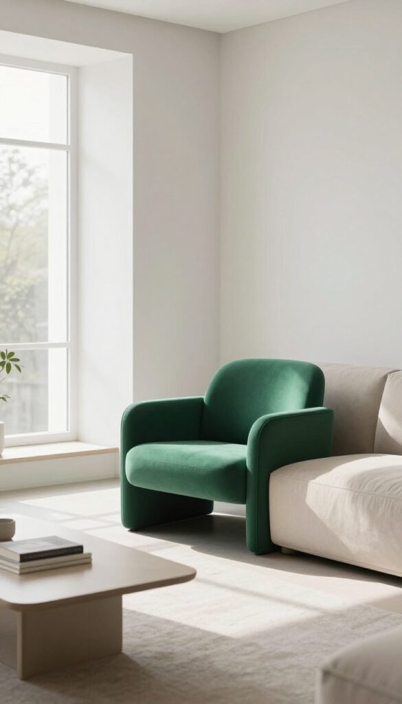 Modern living room with a statement emerald green accent chair near a window, neutral surroundings, bright natural light.