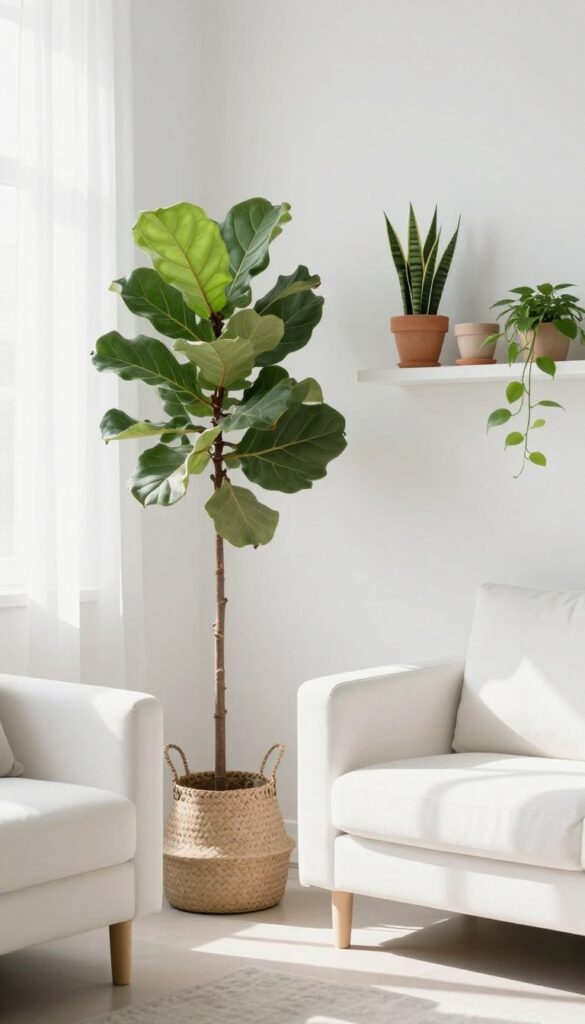 White living room with greenery: tall fiddle-leaf fig by sofa and small plants on shelf, bright natural light.