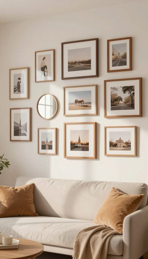 A gallery wall with framed photos and a small round mirror reflecting light, creating a cozy and layered look in a living room.