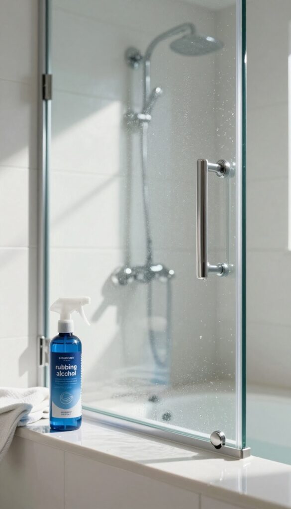 Sparkling clean glass shower door with rubbing alcohol spray and microfiber cloth in bright bathroom