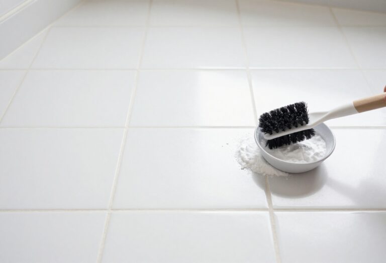 Bright white grout lines on a tile floor with a cleaning brush and baking soda paste