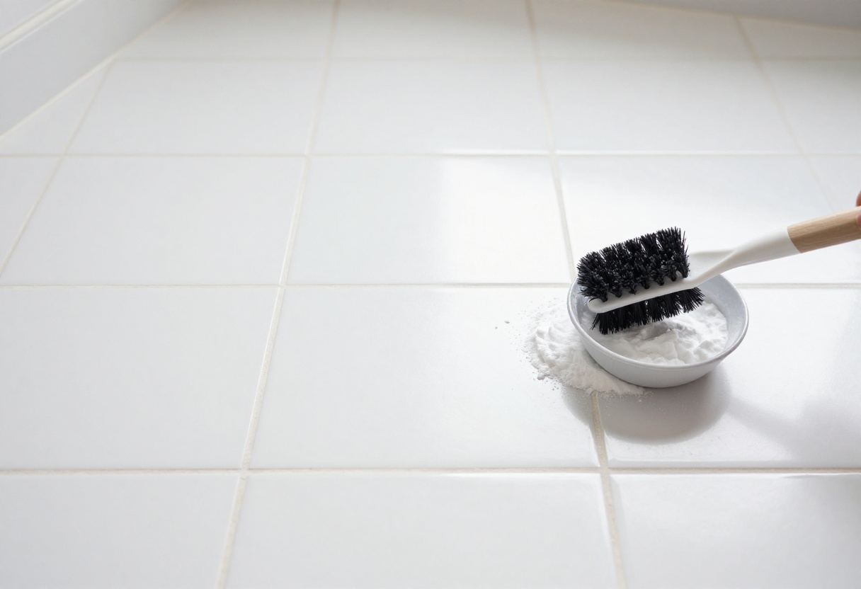 Bright white grout lines on a tile floor with a cleaning brush and baking soda paste
