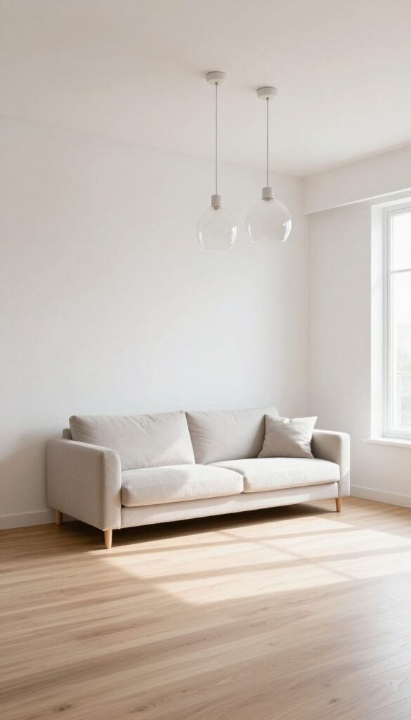 Narrow living room with pendant lights hanging over a sofa, creating an open walkway.