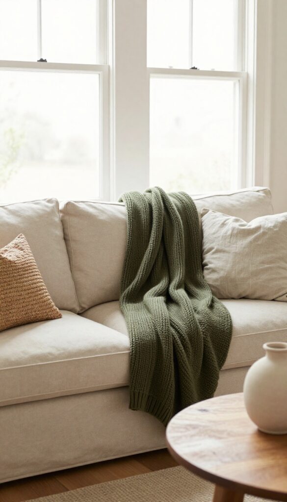 A neutral beige sofa with a chunky knit olive green throw blanket draped over one arm, in a bright living room with natural light and earthy decor accents.