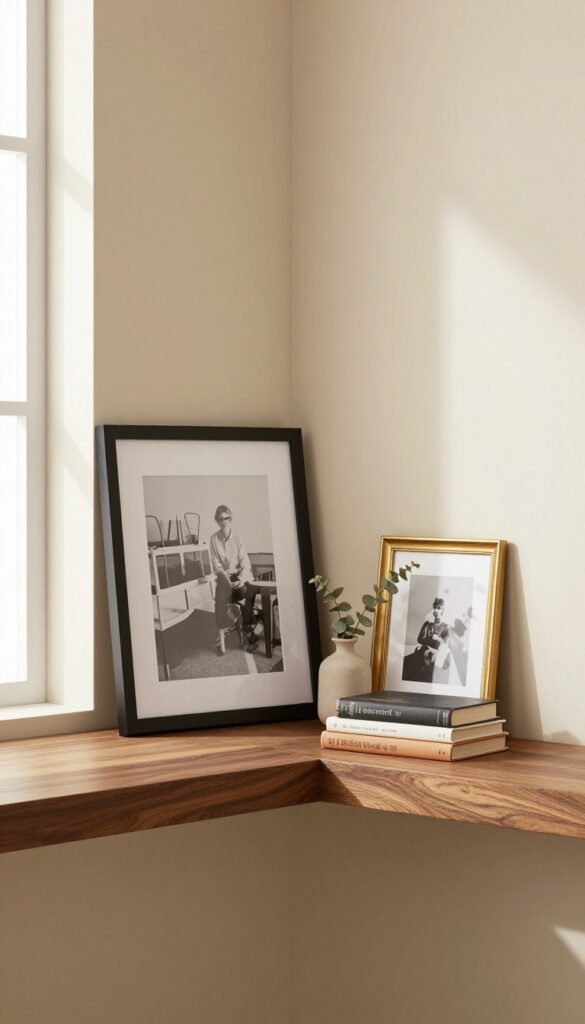 A floating shelf in a living room with layered framed art and decorative objects in natural light.