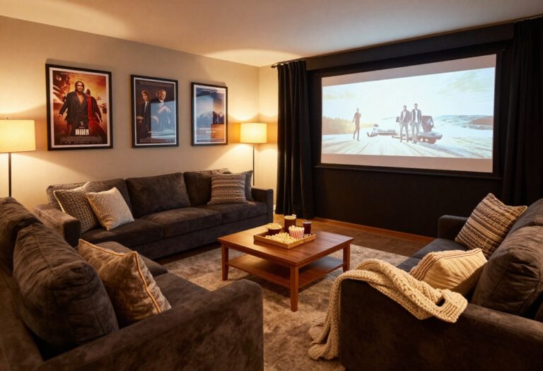 Cozy basement living room with sectional sofa, warm lighting, and movie night setup