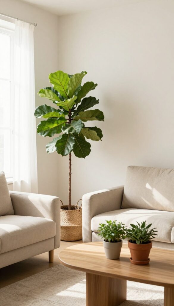 Beige sofa with tall fiddle-leaf fig and cluster of potted plants on coffee table in bright living room