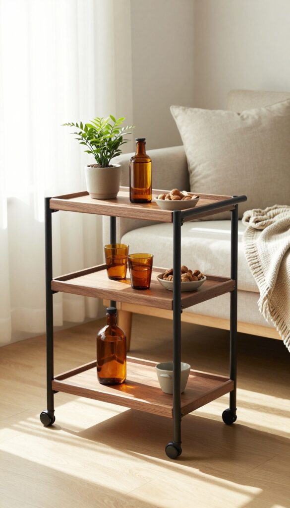 Cozy living room with a walnut and black metal rolling bar cart styled with drinks, glasses, and a plant