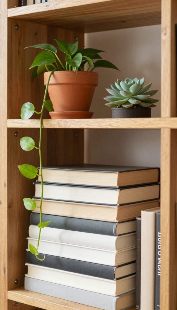 Bookshelf with greenery, pothos plant cascading over books, small succulent on book stack, natural light