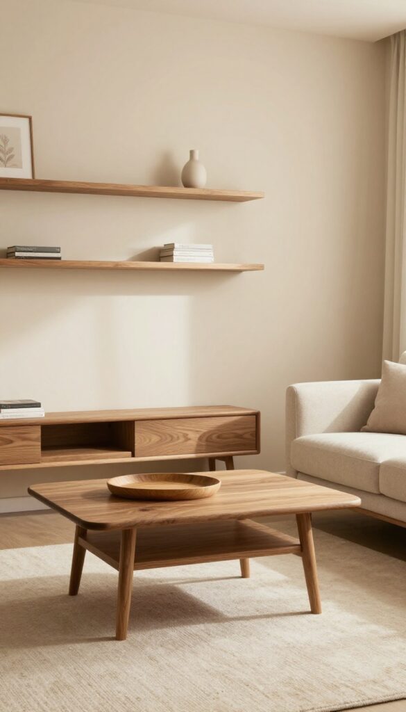 Cozy beige living room with warm wood tones, small-space friendly