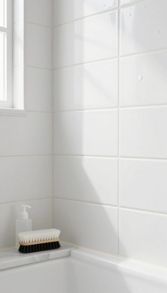 Close-up of clean shower tiles with sealed grout and water beading, applicator bottle nearby.