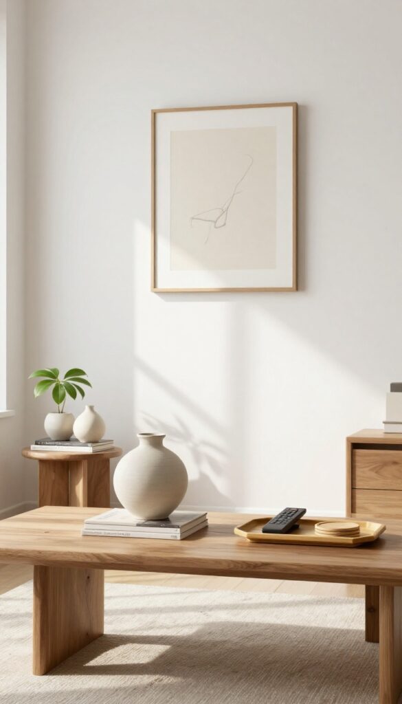 Minimalist tiny living room with intentional decor, ceramic vase, books, plant, and natural light