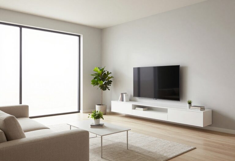 Small living room with a white floating TV console, TV, plants, and a cozy sofa in natural light.