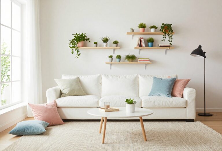 Tocaboca-inspired living room with pastel accents, low sofa, and playful decor