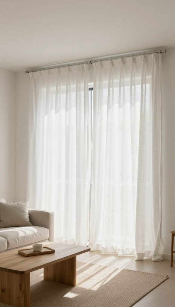 Living room with high-hung white curtains pooling on floor, creating vertical lines and soft light.