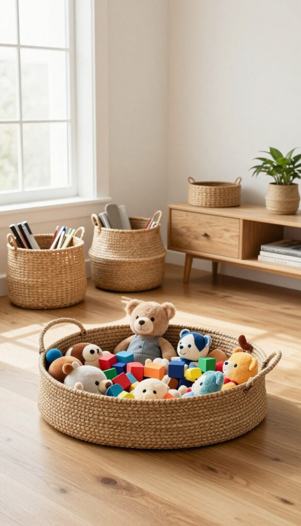 Woven baskets as toy storage in a cozy living room, blending decor with practicality.