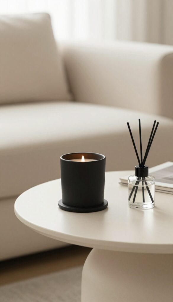 A scented candle and reed diffuser on a coffee table in a bright living room with neutral decor.
